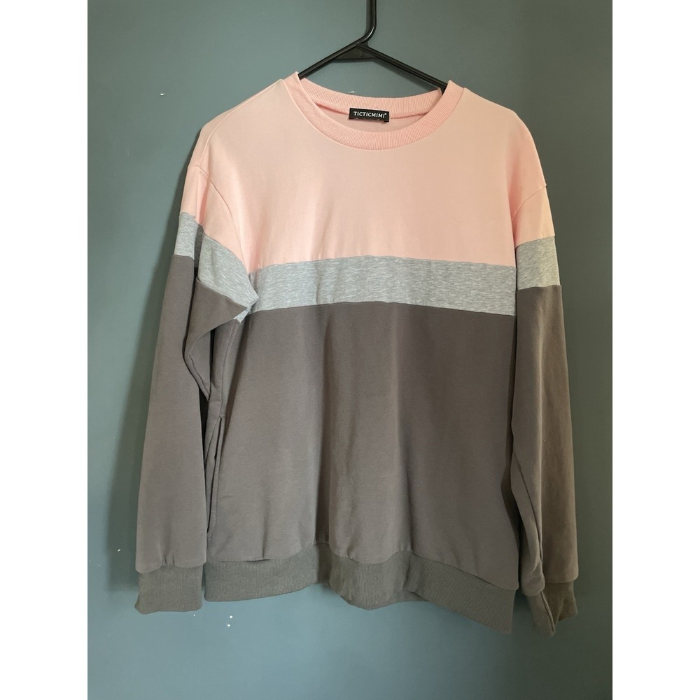 TICTICMIMI Color‎ Block Sweatshirt Pink Grey Casual Long Sleeve Size M